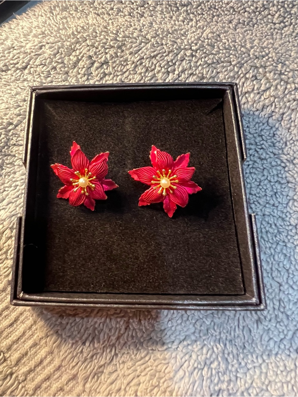 Poinsettia Red Floral Stud Earrings with Gold Accents